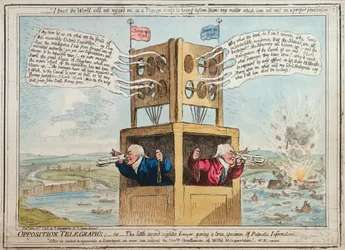 Opposition Telegraph&39;s, ou The little second sighted Advogado dando um verdadeiro espécime de Informação Patriótica, publicado por Hannah Humphrey em 1798 (gravura à mão colorida)